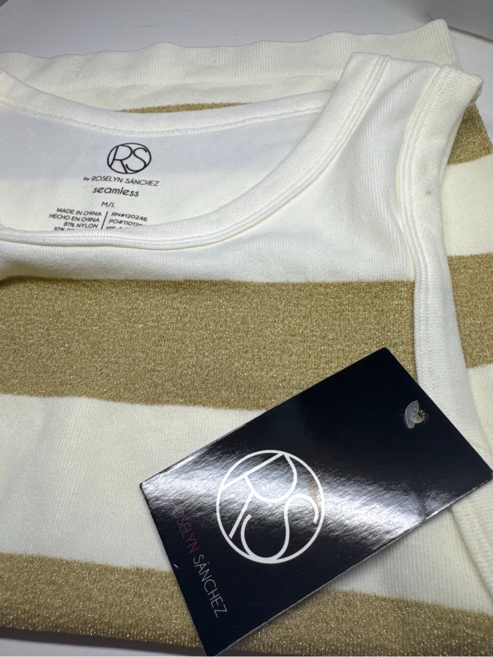 Roselyn Sánchez White & Gold Metallic Striped Seamless Tank Top M/L NWT - Picture 4 of 6